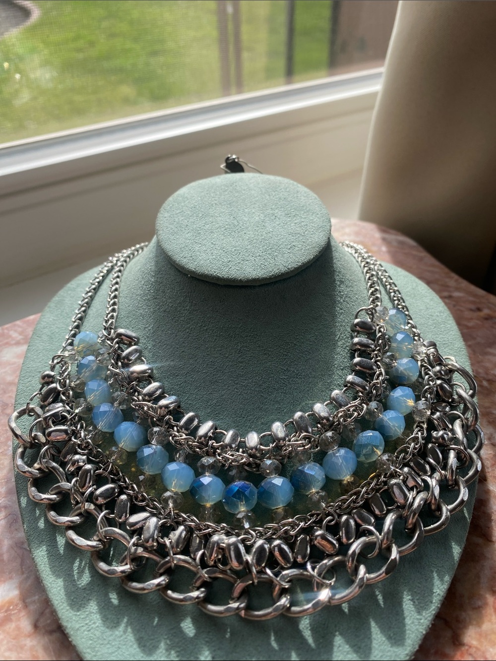 Silver-Tone Blue Opalescent Beaded Multi-Strand Statement Necklace